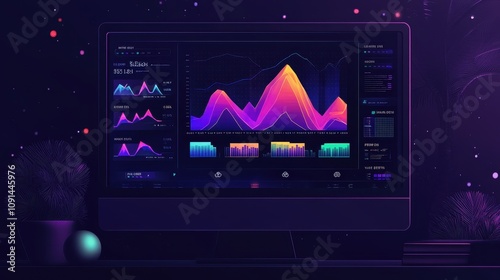 A computer monitor displays a colorful graph with a purple background