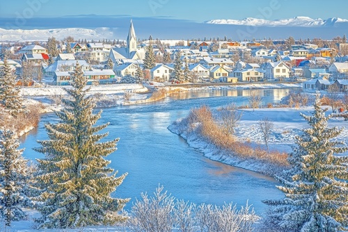 Pingvellir National Park's winter view featuring Pingvellir Church or Thingvellir Church. photo