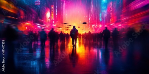 Evening rain reflects neon lights in puddles on dark streets filled with silhouettes of people with cyberimplants and drones patrolling the air. The atmosphere of gloomy cyberpunk. photo