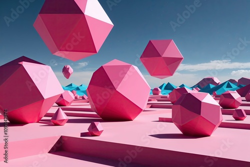 3D Pink Octahedrons in a Geometric Landscape photo