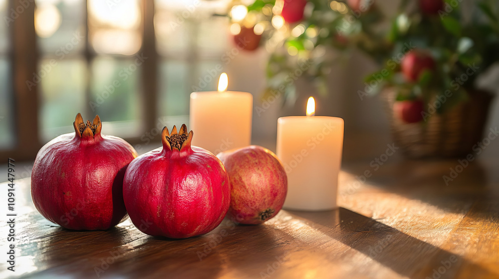 Pomegranates Candles and Sunlight on Wooden Table Still Life Photography Pomegranates Candles and Sunlight on Wooden Table Still Life Photography