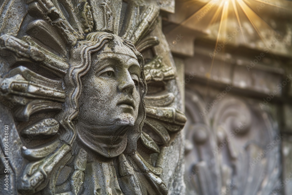 Obraz premium A statuesque figure with a sun symbolized on her facial features