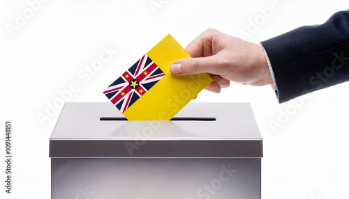 ニウエの国旗の投票用紙を投票する手と投票箱。選挙。(Hand and ballot box voting a ballot paper with the Niue flag on it. election.)
 photo