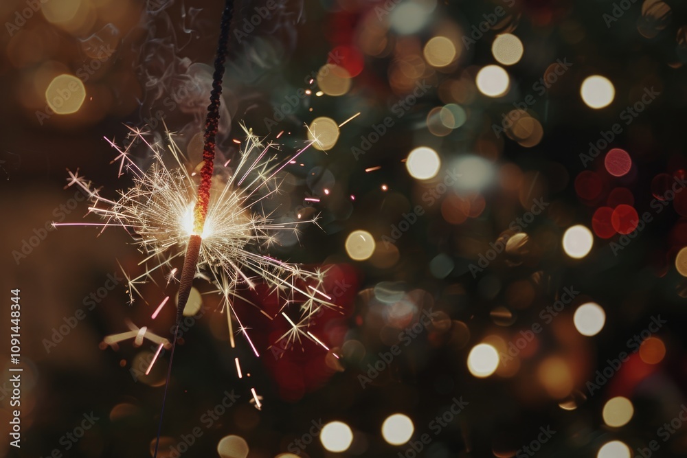 Fototapeta premium A sparkler hangs from a string near a decorated Christmas tree