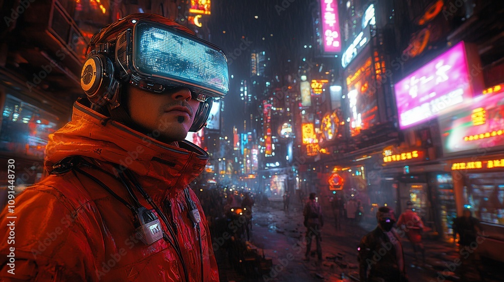 Fototapeta premium A futuristic scene featuring a person in VR gear amidst a neon-lit urban landscape.