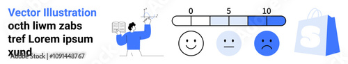 Man presenting data, satisfaction rating scale from 0 to 10, emoticons showing different emotions, and a shopping bag. Ideal for feedback systems, surveys, customer satisfaction, business reviews