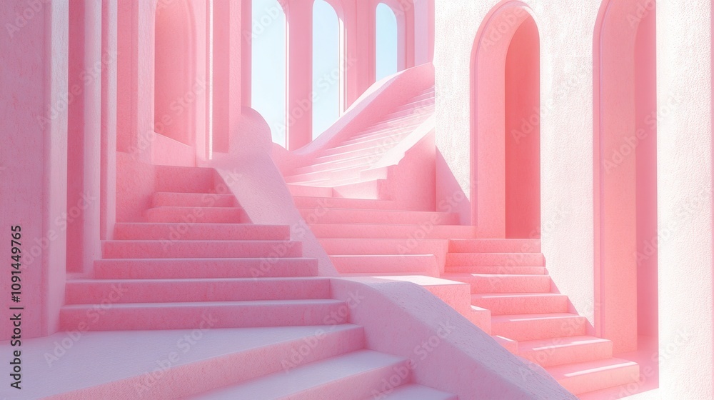 Fototapeta premium A whimsical architectural scene with pink stairs and arches, creating a surreal and dreamlike atmosphere.