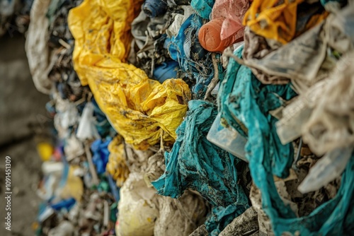 A collection of trash bags hung on a wall, great for environmental or waste management themes photo