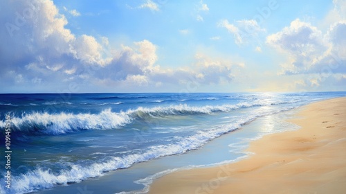 A serene beach landscape showcasing soft golden sands and gentle ocean waves, under a clear blue sky with fluffy white clouds, creating a peaceful coastal atmosphere.