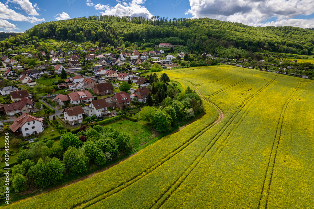 Top view of a field of yellow rapeseed flowers with a small town in the background. The sky is cloudy and the sun is shining through the clouds. Germany.