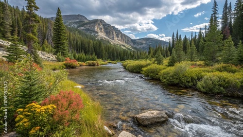 Captivating Macro Photography of the Provo River along the Mirror Lake Scenic Byway, Showcasing Lush Vegetation and Crystal Clear Waters in a Serene Natural Landscape photo