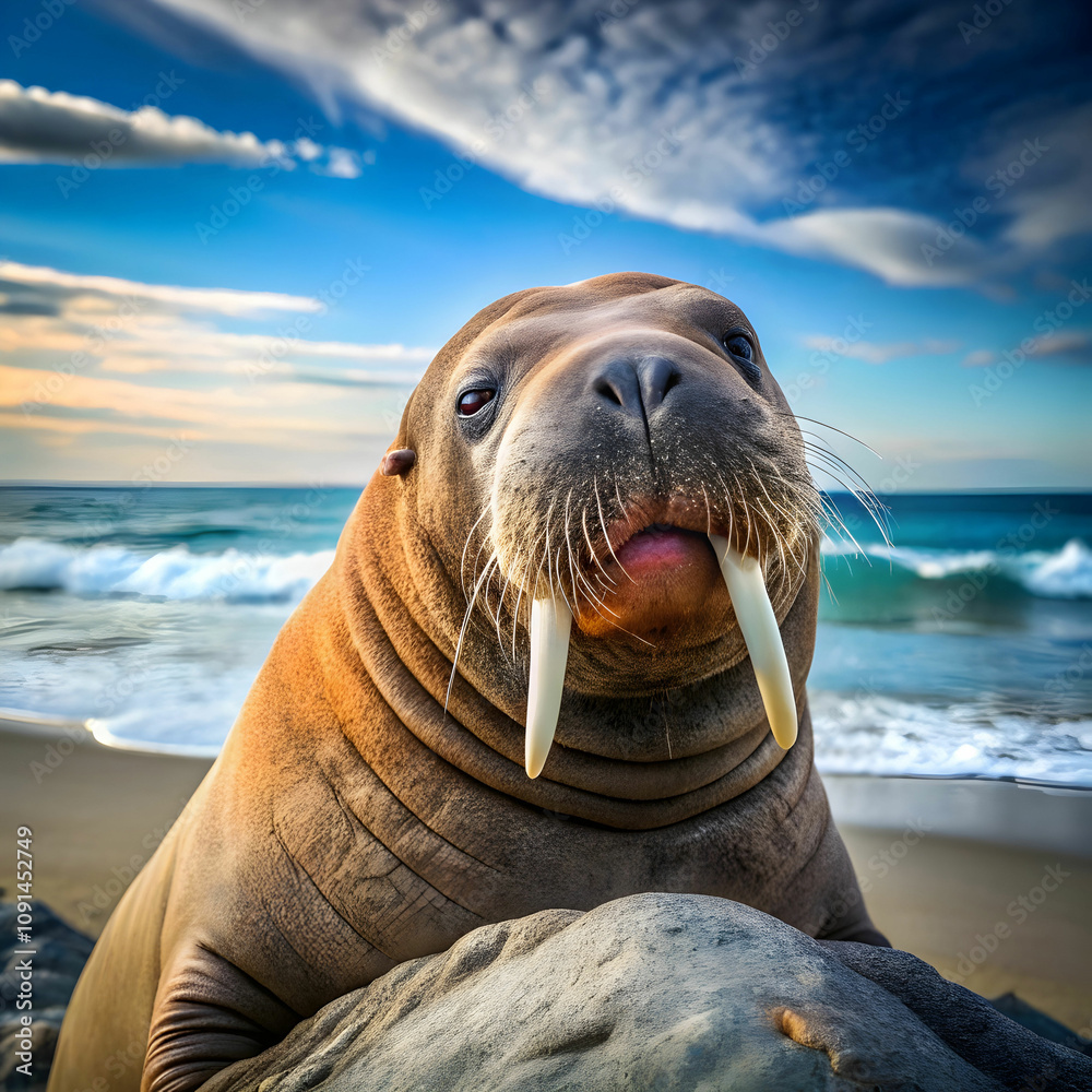 Fototapeta premium A jovial walrus takes a selfie at the beach.