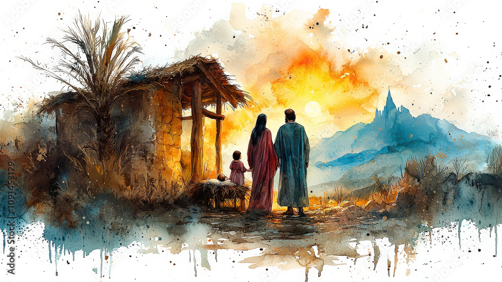 Fototapeta premium Watercolor illustration of the Holy Family in Bethlehem, with baby Jesus in the manger, surrounded by Mary and Joseph. A peaceful Christmas scene with space for a banner or text.