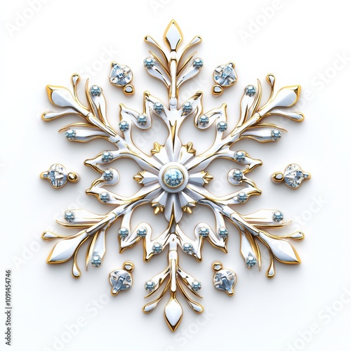 A realistic 3D design of a sparkling snowflake ornament with gold accents, isolated on a smooth white background, evoking winter festivities photo