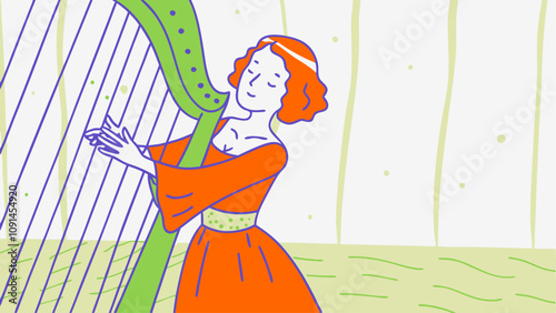 Harpist Woman in Forest - Vector EPS Illustration - Orange Dress, Green Harp.