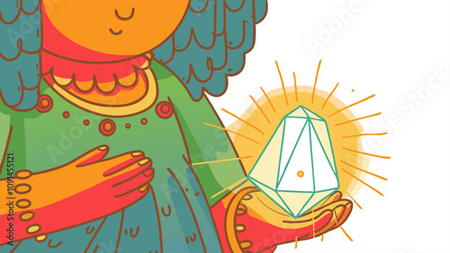 Girl Holding Glowing Crystal: Colorful Hand-Drawn Vector EPS Illustration - Whimsical Design.