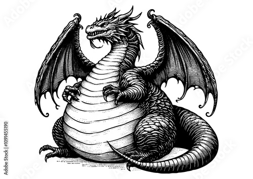 Chubby faty dragon with intricate scales, wings, and regal expression, blending fantasy and artistry sketch engraving generative ai PNG illustration. Scratch board imitation. Black and white image photo