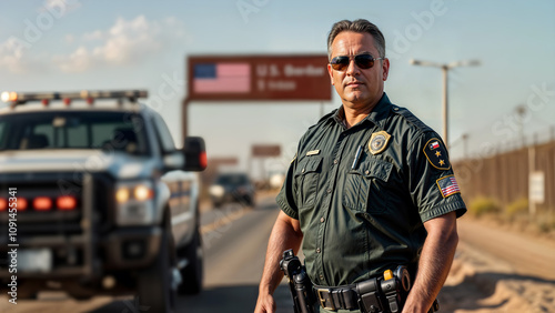 United States Customs and Border Protection Officer in green uniform, standing by roadside next next to the US border with a CBP truck at sunset photo