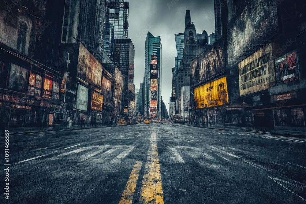 Fototapeta premium Ghostly Figures Roam Times Square in Darkness