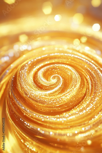 Golden swirl with sparkling particles creating abstract glowing vortex background