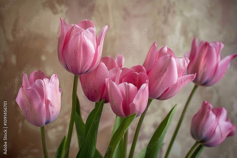 Fototapeta premium A bouquet of pink tulips arranged in a decorative vase for a beautiful centerpiece or gift