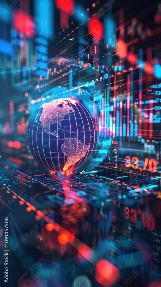 Fototapeta premium Global financial data visualization with a digital globe.