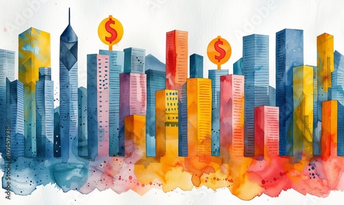 A colorful representation of financial growth featuring cash icons and rising graphs symbolizes banking success and effective market strategies photo