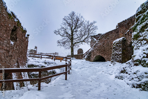 Obraz na płótnie A castle with a snow covered roof and a steeple. The castle is surrounded by a snowy landscape. Ruin of Hohnstein Castle, Harz mountains, Germany. w salonie