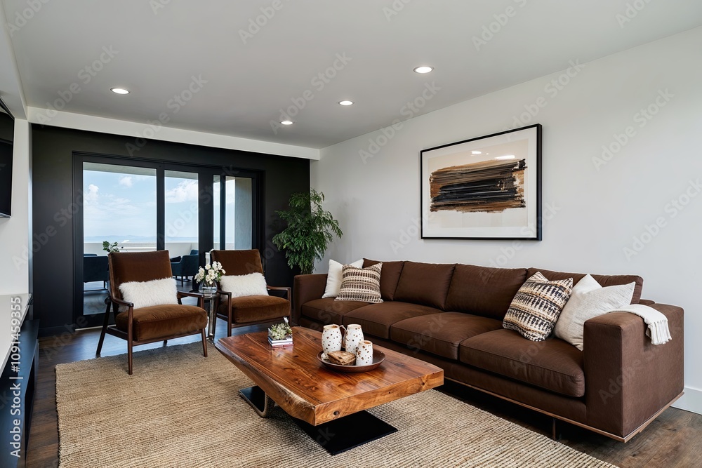 Fototapeta premium Contemporary Living Room Featuring Brown Sofa and Elegant White Wall Design