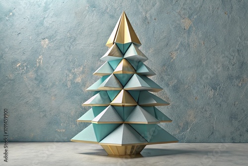 Modern geometric Christmas tree, paper craft, origami style, teal and gold color scheme, minimalist design, textured gray background, soft lighting, contemporary holiday decor, abstract art installati photo