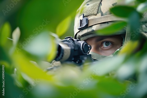 Soldier in camouflage gear monitoring mission operations on screen photo