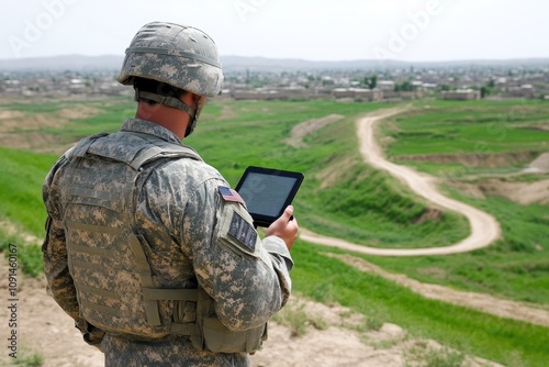 Military specialist viewing live satellite imagery during mission briefing photo