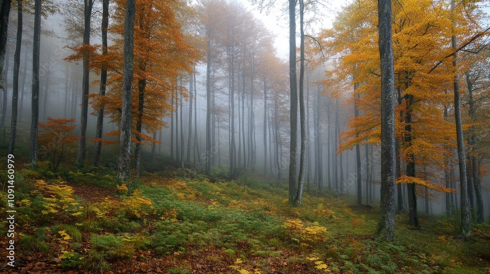 Obraz premium Autumnal Forest Scene In Misty Morning Light