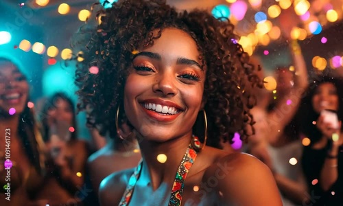 A joyful woman smiling at a vibrant party with colorful lights.