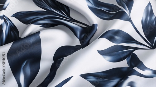 Elegant white silk fabric with navy blue leaves pattern flowing gently