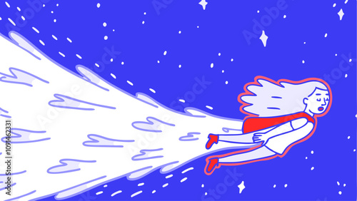 Girl Flying in Space: Hand-Drawn EPS Illustration - Blue & Red.