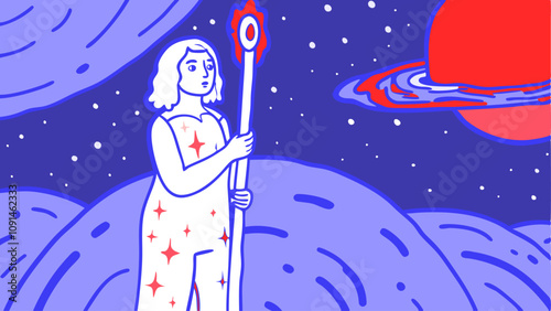 Cosmic Woman Vector Illustration: Starry Jumpsuit, Glowing Staff, Blue & Red.