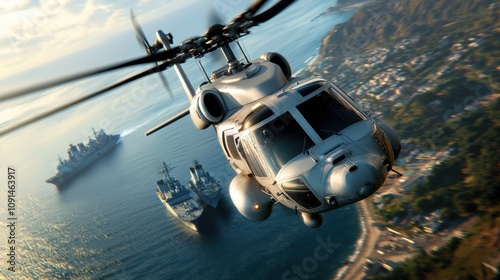 Aerial View of Helicopter Flying Over Navy Fleet