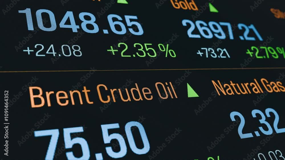Commodities like metals, precious metals, oil and gas pirce. Business, invesment, commodity trading, market research, ticker board. 3D animation