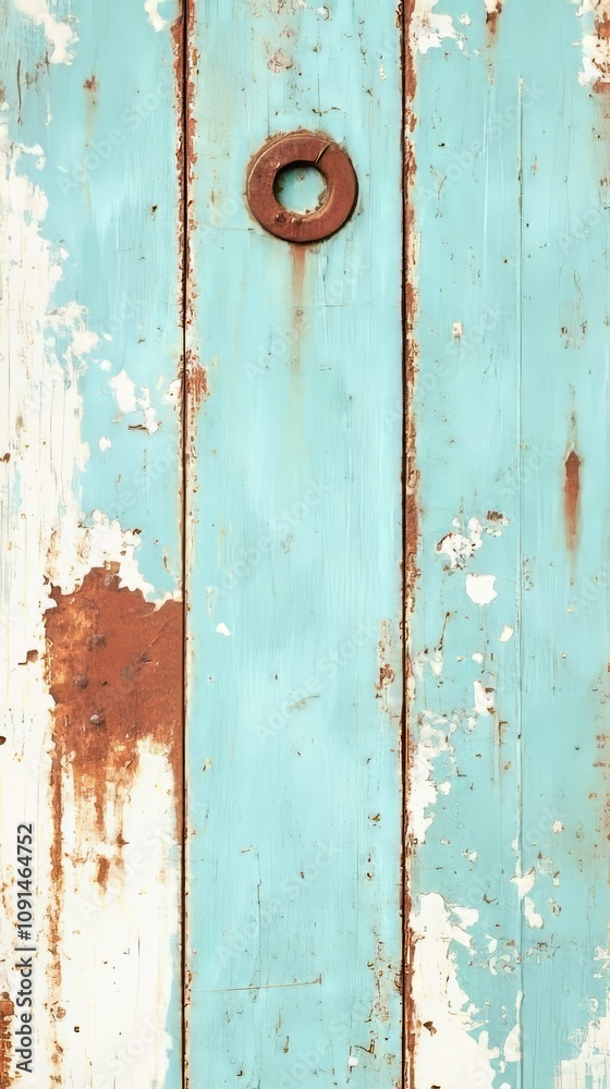A weathered blue wooden door with rust and peeling paint. A weathered blue wooden door with rust and peeling paint.