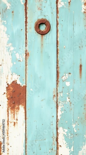 A weathered blue wooden door with rust and peeling paint.