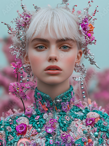 Ethereal Portrait of a Woman in Ornate Floral and Gemstone Embellishments