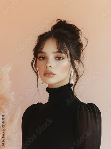 Elegant Portrait of a Woman in Black Dress with Soft Pastel Background