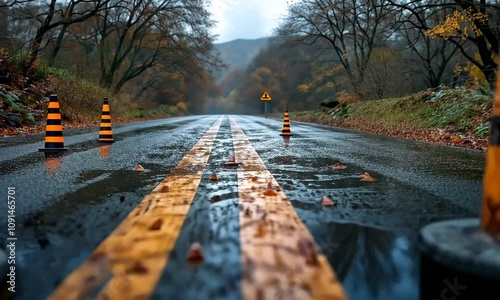 Wet road with orange traffic cones marking a closed area.