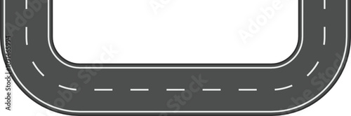 Winding road with white dashed lines making a u turn on white background representing transportation, travel, and journey concepts
