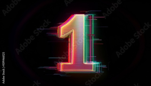 Number One: A captivating visual of the number one, rendered in a vibrant and futuristic neon style with digital glitch effect, perfect for representing leadership, success, and digital innovation. 