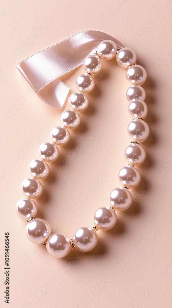 Obraz premium Elegant pearl necklace with a soft ribbon, showcasing classic fashion and timeless beauty.