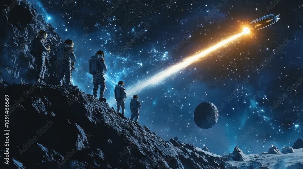 Fototapeta premium A group of astronauts are on a mission to explore a planet