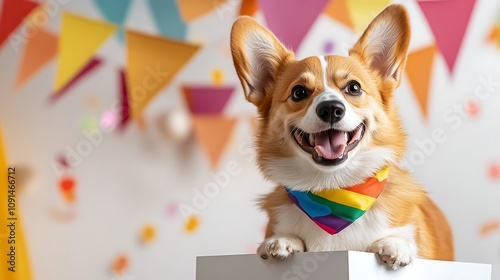 Happy Corgi Dog with Rainbow Bandana at Colorful Celebration Party with Festive Decorations and Cheerful Atmosphere for Fun Events and Pet Photography