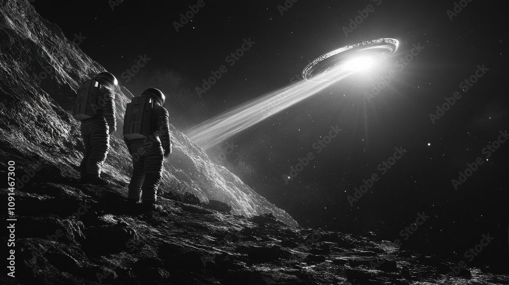 Fototapeta premium Two astronauts are standing on a rocky surface looking up at a large